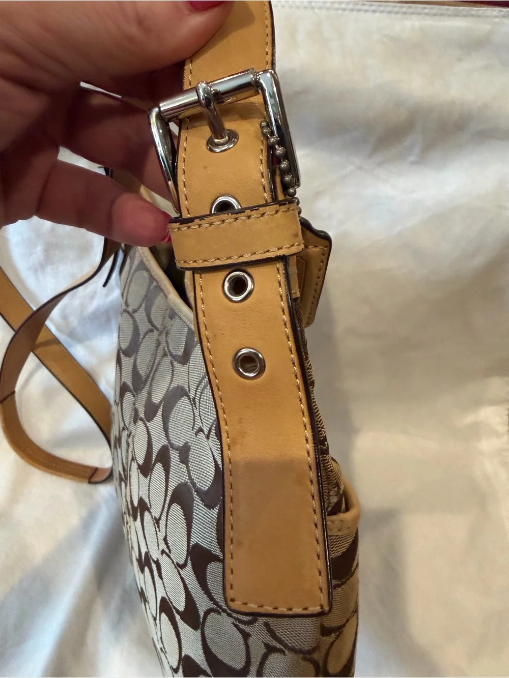 Coach Khaki/Brown Signature Canvas Shoulder Bag with Tan Trim